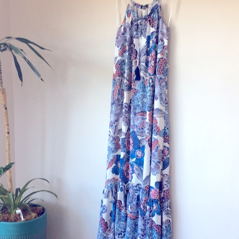 1.State beautiful blue floral long maxi dress w/ ruffled bottom. EUC, size XS